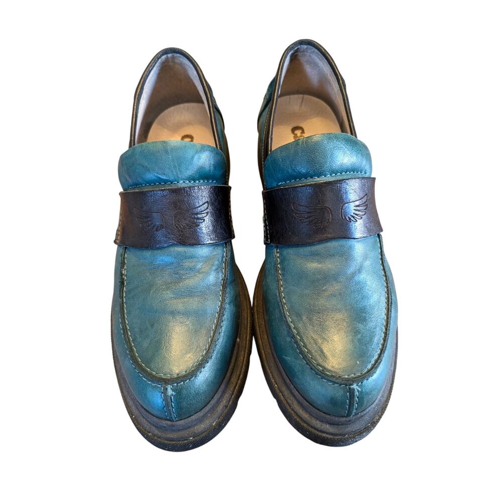 Sundance Catalog CASTA Wings Embossed Leather Chunky Platform Loafers Teal US9
